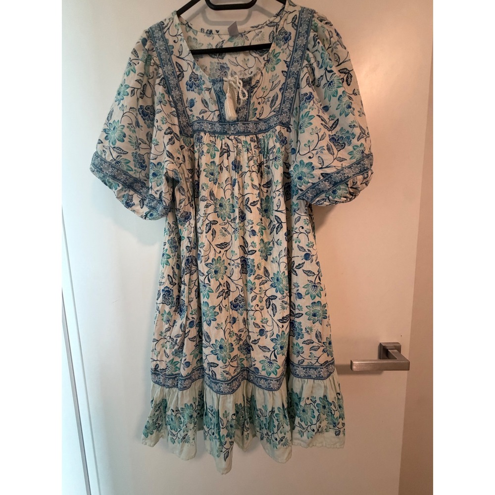 Old Navy Blue Floral Puff Sleeve Mini Dress Tassel Boho Greece XL